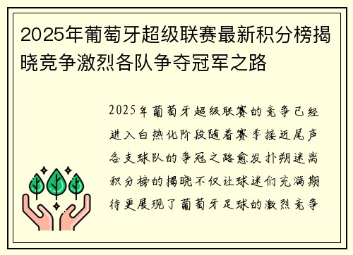 2025年葡萄牙超级联赛最新积分榜揭晓竞争激烈各队争夺冠军之路