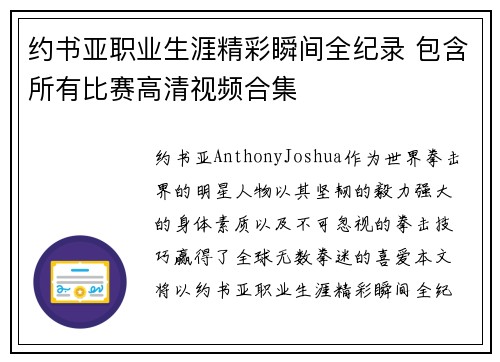约书亚职业生涯精彩瞬间全纪录 包含所有比赛高清视频合集